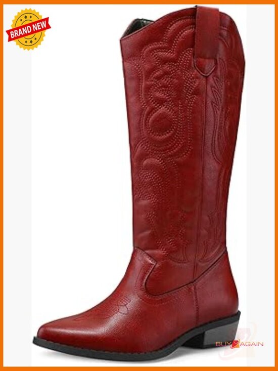Shoes - Women's Embroidered Cowboy Boots Mid Calf Chunky Heel Pull On Cowgirl Boots